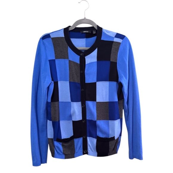 Carlisle Women’s Medium 2-Piece Cardigan Set Blue Gray Black Blocked Cotton - Picture 3 of 7